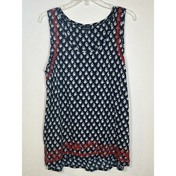 Lucky Brand Size L Blue Red Embroidered Sleeveless Top Bohemian Geometric Floral - Picture 1 of 12